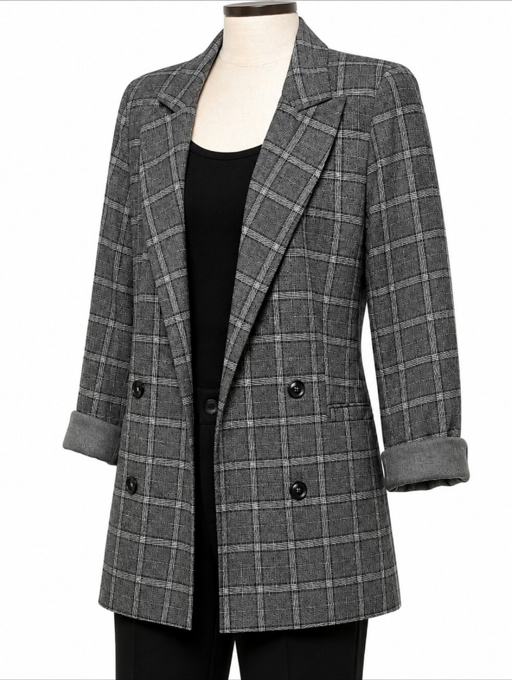 Rachel Zoe Windowpane Plaid Double Breasted Blazer Gray Black Size M